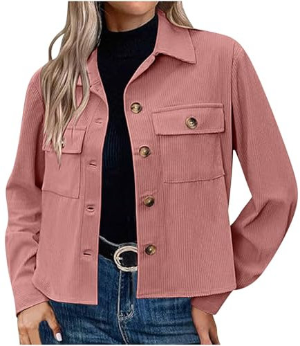 Dyhxuan Jacke Damen Kurz Übergangs Langarm Herbstjacke Klassisch Revers Hemdjacke Casual Cordjacke mit Knöpfe Elegant Hemd mit Brusttaschen Cropped Übergangsjacke Vintage Cordhemd Langarmshirt