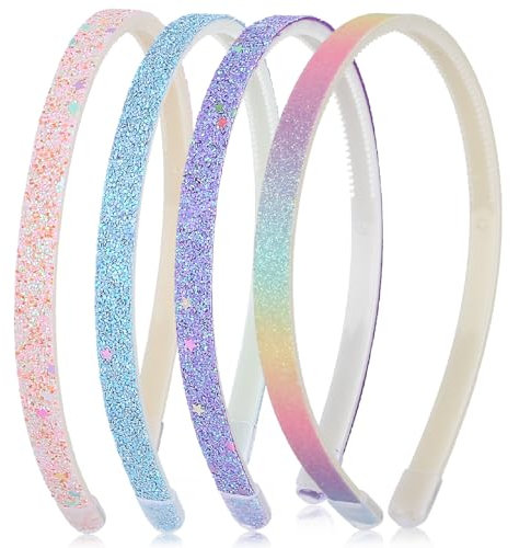 COMNICO 4pcs Glitter Girls Headbands, Sweet Cute Sparkly Star Hairband Bling Confetti Rainbow Headpiece Plastic Non Slip Hair Bands with Teeth, Colorful Hair Accessories for Teens Children Women