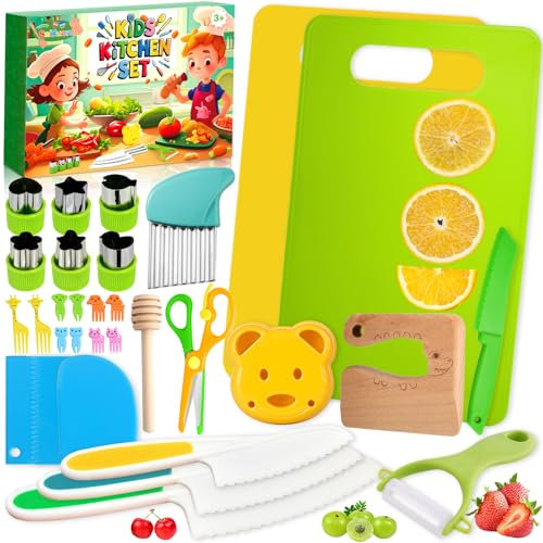 SaiXuan 31 Pièces Ensemble d'Ustensiles de Cuisine pour Enfants - Kit de Couteaux Montessori Sécurisés - Comprend Planches à Découper, Couteaux et Moule à Biscuits,Couteaux Montessori de 2 3 4 5 6 Ans