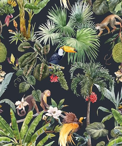 SOEWIOU Peel and Stick Wallpaper,44.5×300cm Tropical Jungle Palm Tree Green Wallpaper,Animals Contact Paper,Watercolor Floral Wallpaper,Waterproof Self Adhesive Wallpaper for Bedroom Cupboard Walls
