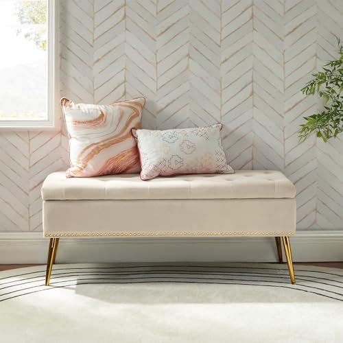 HULALA HOME Modern Velvet Storage Bench Box Ottoman with Gold Base & Nailhead Trim, Upholstered Bedroom Bench for End of Bed, Button-Tufted Footstool for Entryway Living Room Dining Room, Tan