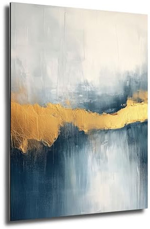 Munera Design® - Leinwand Bilder 56x84 cm Hochformat Wandbilder Wanddeko Wohnzimmer Deko Zimmer Modern Bild auf 6mm HDF Painting Blau Gold abstrakte Kunst Weiß home Dekoration Wandbild