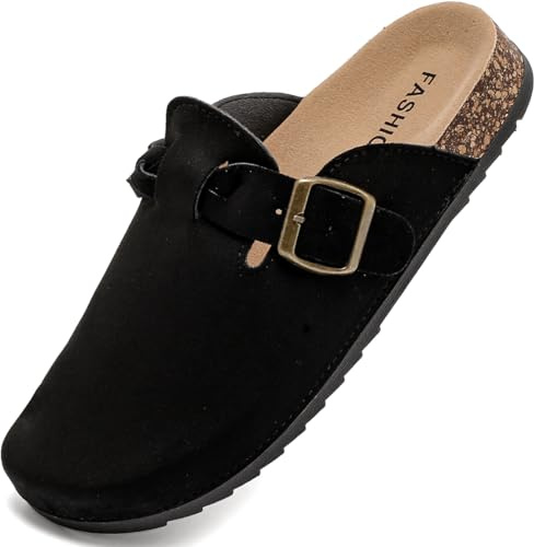 DDXYYDS Women's Suede Clogs Mens Leather Mules Comfort Cork Footbed Sandals with Arch Support and Adjustable Buckle Black