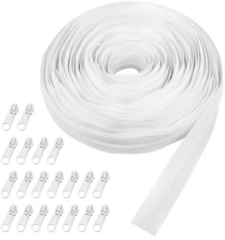 20m Endlosreißverschluss mit Zipper, 2.5cm Reißverschluss Meterware,Reissverschluss mit 20 Reißverschlusszügen,Nylon Reisverschluss Endloses weiß für Bettwäsche,Kleidung,Tasche