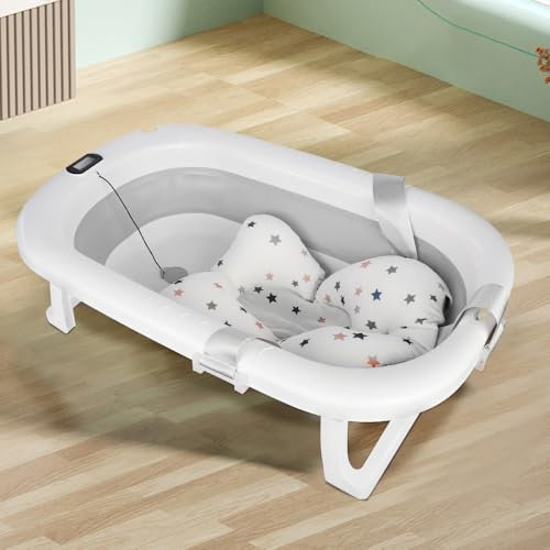 Babybadewanne, faltbar, Babybadewanne mit digitalem Thermometer & Kissen, geeignet für Babys von 0 bis 36 Monaten, faltbar und tragbar, für Neugeborene und Kleinkinder