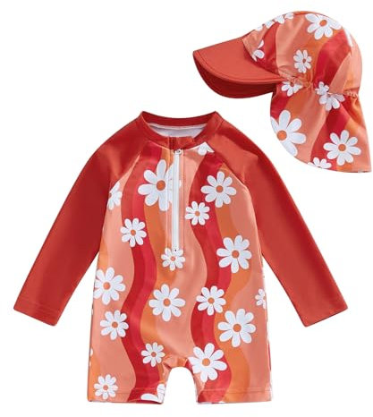 Toddler Baby Girl Swimsuit and Hat Zip Up Long Sleeve All in One Swimming Costume UV Sun Protection Swimwear One Piece Swimming Suit Rash Guard Sunsuit (Floral Striped Orange Red, 3-6 Months)