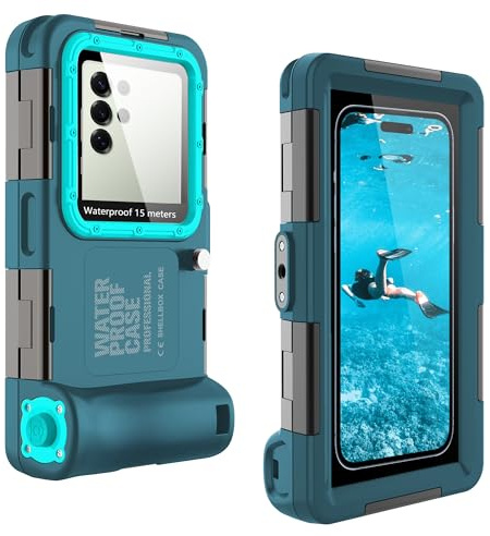 Diving Phone Case for Samsung/Android, 50FT Waterproof Right Volume, Teal | IP68 15M underwater, fits phones with right-side volume buttons, wider camera window, anti-corrosion, 6 buckles, lightweight