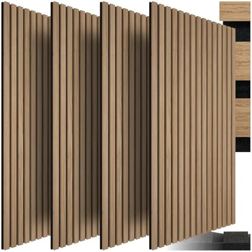 tectake® 3D Akustikpaneele, Holz Optik Paneele, Wandpaneele in Holzoptik als Schallabsorber, Panels für Wohnzimmer, Küche, Wand Deko, Wandverkleidung und Schallschutz - Eiche hell, 4er Set