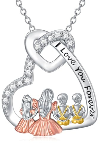 Shusukue Mutter und Tochter Silberkette Herzförmige Halskette mit Vergoldet Halskette für Damen 925 Silber Schmuck Muttertagsgeschenk Damen(Zwei Söhne und eine Tochter)