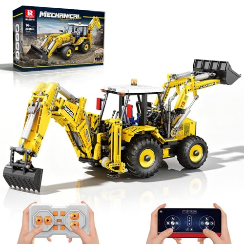 Reobrix Bagger&Bulldozer Ferngesteuert Baustein Set RC Baggerlader Modell | 2231 Teile Bagger Ferngesteuert Bausatz für Erwachsene,2-in-1 Ferngesteuerter Bagger & Bulldozer Baustein Set 22018