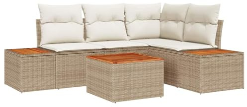 vidaXL 5-teiliges Garten-Sofa-Set mit Kissen in Beige aus Poly-Rattan und Akazie | Modulare Outdoor-Sitzmöbel für entspanntes Chillen mit Stauraum und Tisch für Garten, Balkon und Terrasse