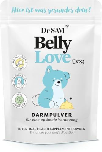 Dr. SAM Premium Darmpulver für Hunde - BellyLove Dog als pflanzliches Darm- und Magenpulver für Balance im Darm - unterstützend bei Magen-Darm-Erkrankung - hochdosiertes Probiotikum 90g