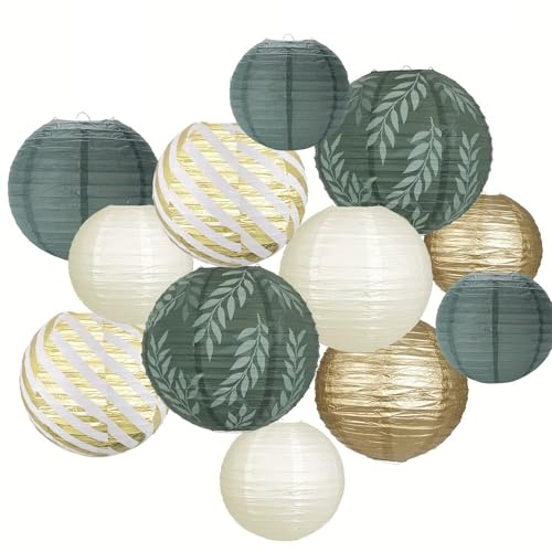 Papierlaterne 12 Stück Lampions Papierlaterne Rund Hängende | Salbeigrün Papier Latern Lampenschirm mit Farbiges Band für Feiertagen Hochzeit Halloween Weihnachten Geburtstage Gartenparty
