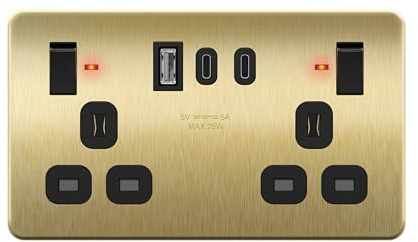 LIDER 2-Gang Switched Socket, USB TYPE C&A Ports, LED Power Indicator, Always-On USB Ports, 25W Combined Output, Stainless Steel, UKCA Certified, Child Safe, Brushed Brass (Use a 35mm-deep back box)