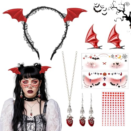 PYSEOSISE Fledermaus Haarreif, Halloween Haarreif Damen, Fledermaus Haarschmuck und Haarspangen mit Halsketten Ohrringe und Tattoos für Damen Karneval Maskerade Dress Up Party