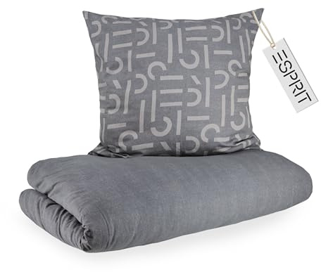 Esprit Flanell Bettwäsche 155x220 Baumwolle Grau - Luxus Bettwäsche-Set 2teilig Öko - kuschelig warm & flauschig - 155 x 220-1 Bettwäschebezug und 1 Kopfkissenbezug 80x80cm - Herbst & Winter