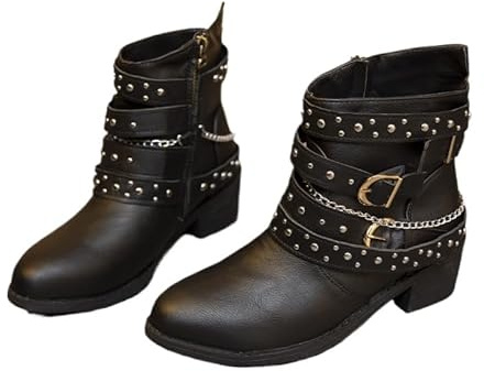 JXpxbao Damen Stiefeletten Biker Boots - Stiefel Mit Nieten Blockabsatz Bequeme Herbst Winter Frauen Schuhe Schnallen Vintage Cowboy Ankle (Dunkelbraun,39)