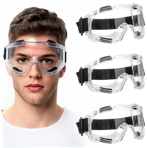 Eulihent 3-Pack Anti-Fog Safety Goggles, Protective Goggles for Adults, Safety Goggles Over Glasses with Adjustable Vented Design, Eye Protection Goggles Ideal for DIY work, Sanding, Dust, Woodworking