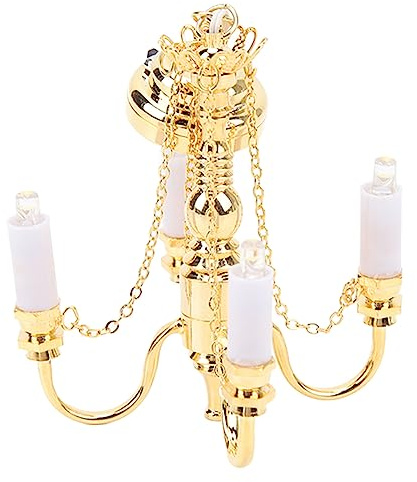 Miniatur-Kronleuchter Puppenhaus, 8cm Gold, 4 Kerzenlichter | Batteriebetriebene LED Deckenlampe, 120mAh Knopfbatterie, Einfacher Schalter, Für Schlafzimmer Esszimmer, Puppenhaus-Fans
