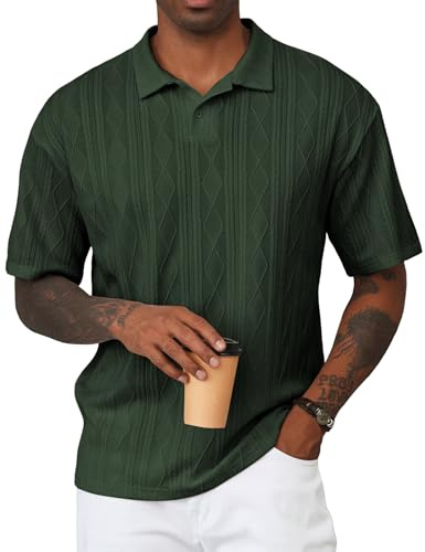 JMIERR Men's Polo Shirt Lightweight Short Sleeve Casual Beach Knitted Button Up Vacation Knit Textured Collared Shirts, M, Green