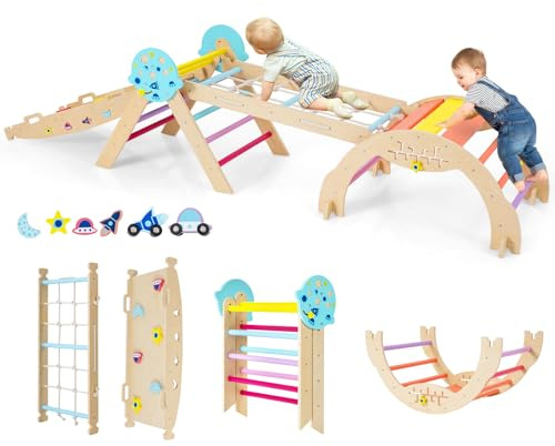 DREAMADE 9 en 1Triangle d'escalade Montessori en Bois Astronaute, Filet, Arche d’Escalade Pliable Éducative pour Enfants, Aire de Jeux Bébé pour Salon, Chambre, Maternelle (Multicolore)