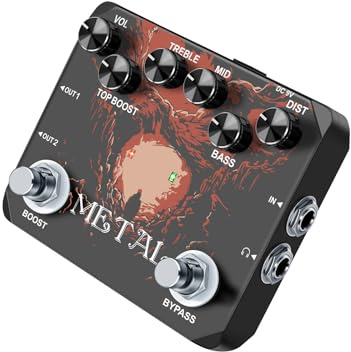 Tosuny Rowin Metall-Gitarren-Effektpedal, 80er/90er Jahre, Traditioneller High-Gain-Metallic-Sound, TREBLE/MID/BASS/BOOST/VOL/DIST, Kopfhörerausgang für E-Gitarren-Effektpedal, True Bypass DC 9 V,