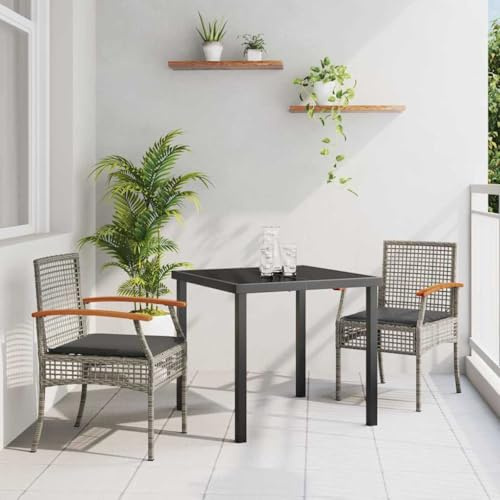 YuuSsea Garten Essgruppe, 3-teilig, Grau, Poly-Rattan, Akazienholz, Glastisch, Langlebig, für Terrasse, Balkon