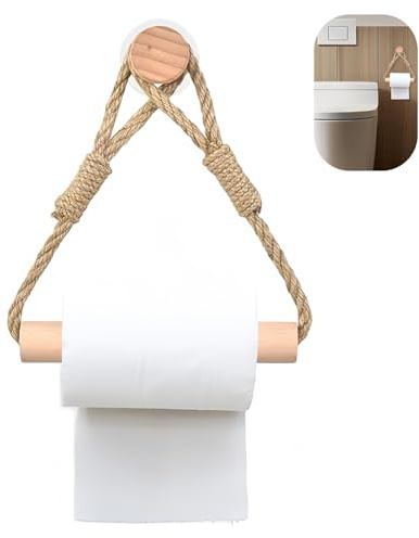 Toilettenpapierhalter ohne Bohren – Vintage Klopapierhalter aus Seil und Holz, Multifunktionshalter für Handtücher, Rustikale Badezimmer Deko im Industrie-Stil, Klorollenhalter Holz