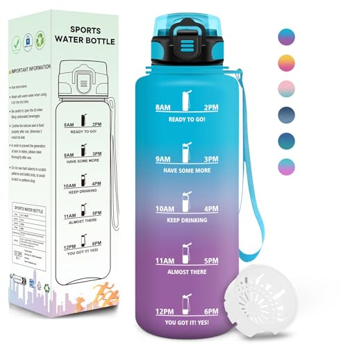 Motswedi Gourde, 1500ml Sans BPA, Gourde Plastique, Conception de Verrouillage Anti-Fuite, Bouteille, Avec Horodatage, Bouteille Motivation pour Salle de Sport, En cours d'exécution - Bleu&Lilas