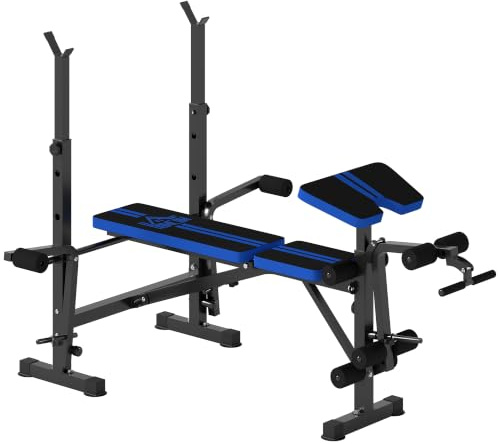 HOMCOM Banco de Musculación Multifuncional con Respaldo Ajustable Azul | Soporte para Barras Regulable, Extensión de Piernas, Curl de Predicador, Mariposa, Carga 200 kg, Entrenamiento Casa Gimnasio