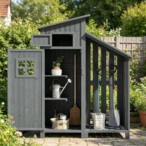 Su & Chan Legence Holzgerätehaus mit großem Stauraum, wetterfester Geräteschuppen mit Zwei Ablagen, vielseitiger Gartenschrank für Werkzeuge und mehr, 124 x 46 x 174 cm, Grau