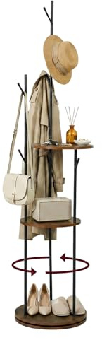 EGGREE Porte Manteau rotatif 360°, Porte-manteau sur pied avec crochets | Portemanteau pour couloir, avec 6 crochets et 3 étagères de rangement, Portemanteaux pour entrée, chambre, salon, industriel
