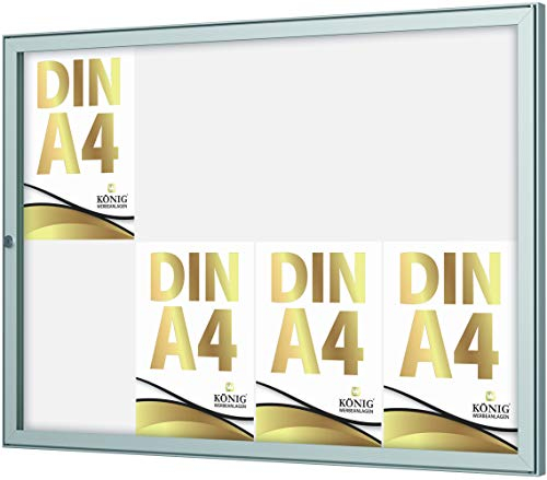 König Werbeanlagen Schaukasten Keitum 8x Din A4 | B930×H680mm Querformat, für innen und aussen, abschließbar | ESG-Sicherheitsglas | Brandschutz B1 DIN4102-1 | Alusilber