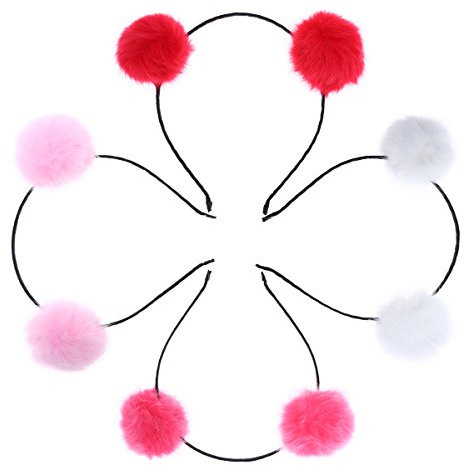 Frcolor Cerchietto con pom pom per bambina in Rosso Rosa e Bianco 4PCS