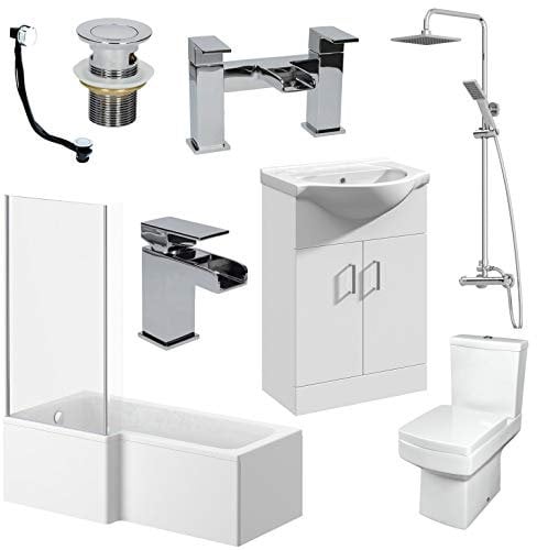 Affine Complete Bathroom Suite Left Hand L Shaped Shower Bath 550mm Basin Vanity Unit 2 Door Close Coupled Toilet Shower Tap Set