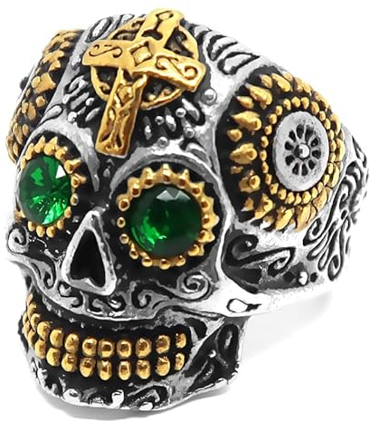 BOBIJOO JEWELRY - Bague Chevalière Homme Tête de Mort Biker Maya Dorée Croix Acier Or Argenté Vert - 23,2 (14 US)