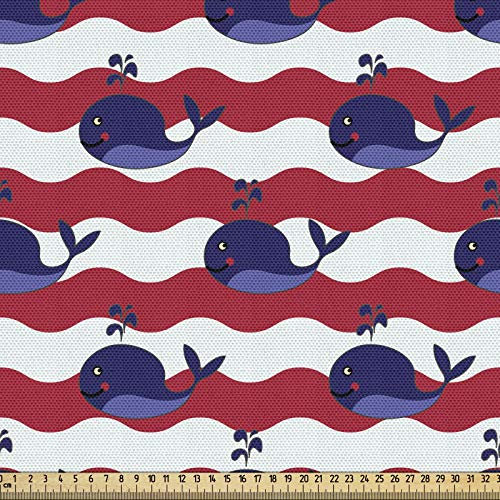 ABAKUHAUS Wal Gewebe als Meterware, Nautische Baby-Muster, Schön Gewebten Stoff für Polster und Wohnaccessoires, 1M (148x100cm),Dunkle Koralle Marineblau Weiß