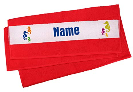 Herz & Heim® Handtuch 50 x 100 cm Seepferdchen mit Namensaufdruck Rot