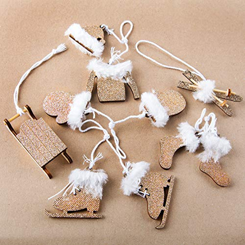 Logbuch-Verlag 6 Weihnachtsanhänger Gold weiß Anhänger Weihnachten Schlittschuhe Schlitten Deko Holz
