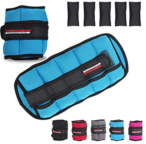 TrainHard 1 kg - 2.5 kg Verstellbare Gewichtsmanschetten mit 5 trennbare Gewichtstaschen für Hand- und Fußgelenke 2er Set - in 4 Varianten Gewichts and 5 Farben Laufgewichte (1.5 KG - Blau)