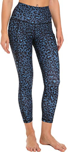 Free Leaper 7/8 Leggings Damen Hohe Taille Yogahose Länge mit Taschen Sporthose (Dunkelblauer Leopard, XS)