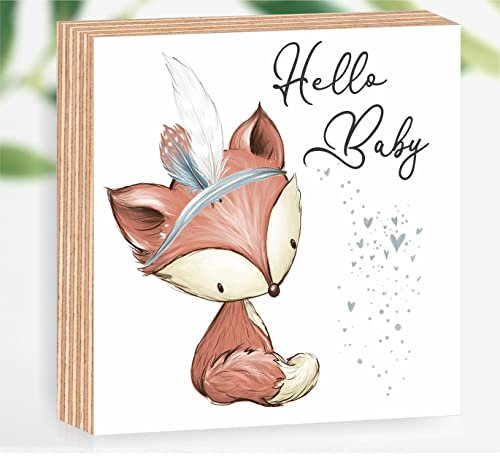 Manschin-Laserdesign Holzbild Hello Baby 15x15x2cm zum Hinstellen/Aufhängen 3D, Fotodirektdruck auf beschichtetes Birkenholz. Kinderzimmer Babyzimmer Deko (Fuchs)