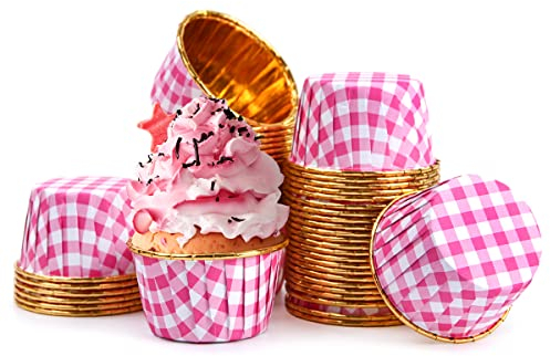 Spesh 50 Stücke Mini Cupcake Formen Papier Muffinform Pappbecher mit Gittermuster für Hochzeiten,Geburtstage,Weihnachten (Rosa Gitter)
