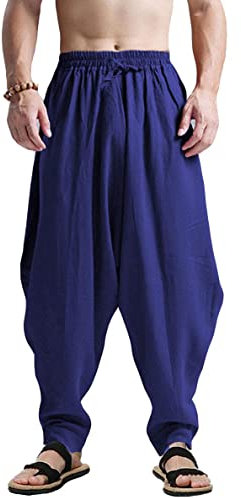 AITFINEISM, Pantaloni harem da uomo, comodi, con vita elasticizzata, alla moda, in tinta unita, casual, stile hippie, per yoga, Blu, 41-44.5