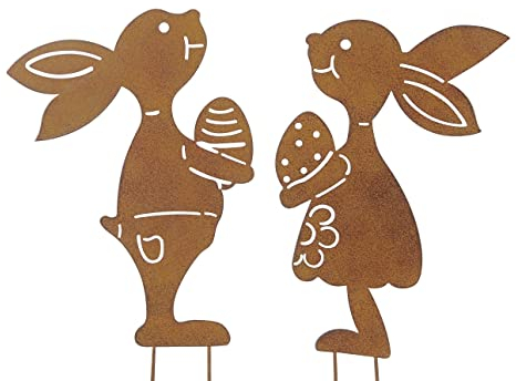 Posiwio dekorativer Deko-Stecker Garten-Stecker Pick Hasejunge und Hasenmädchen mit Ei Metall Rostoptik als 2-er Set, Braun, 17 x 24,5 cm hoch+ ca. 9 cm Stecker