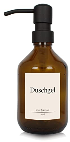 Seifen-Spender braunes Glas 300ml für Duschgel mit schwarzer Edelstahlpumpe reuse & reduce Retro