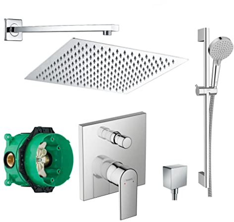 vanvilla Duschsystem mit Unterputz Duscharmatur von Hansgrohe Einhebelmischer und vanvilla Regendusche mit Armatur, Duschkopf eckig, Dusch-SET HG33 poliert