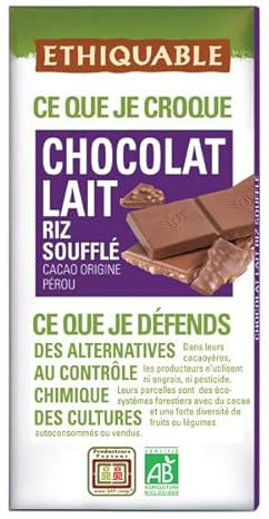 Ethiquable - Tablette Chocolat Lait Riz Soufflé Pérou 100G - Lot De 3