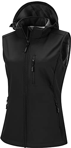 33,000ft Gilet softshell pour femme avec capuche amovible en polaire, sans manches, imperméable, coupe-vent, avec 5 poches, pour l'équitation, la course, la randonnée, Noir , L