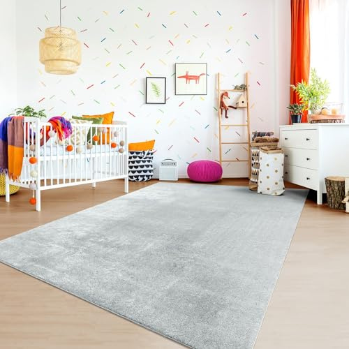 TT Home Teppich Kinderzimmer Waschbar rutschfest Kinderteppich Junge Mädchen Weich Pastell, Farbe: Grau, Größe:200 cm Rund